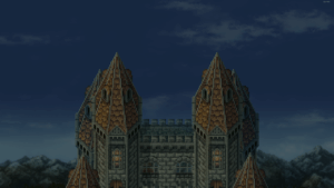 Final Fantasy V Pr Screenshot 2021.11.14 01.18.17.14 — castello, pixel art, paesaggio notturno, tematica fantasy, montagne