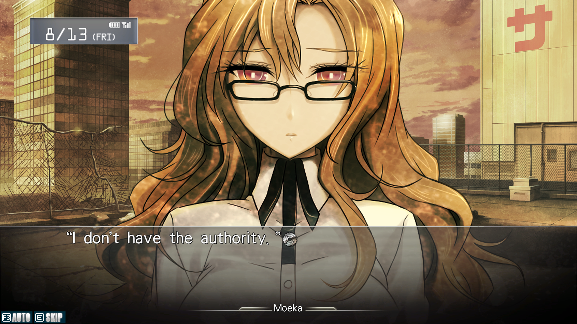 "STEINS;GATE game screenshot featuring Okabe and friends in a dramatic scene."