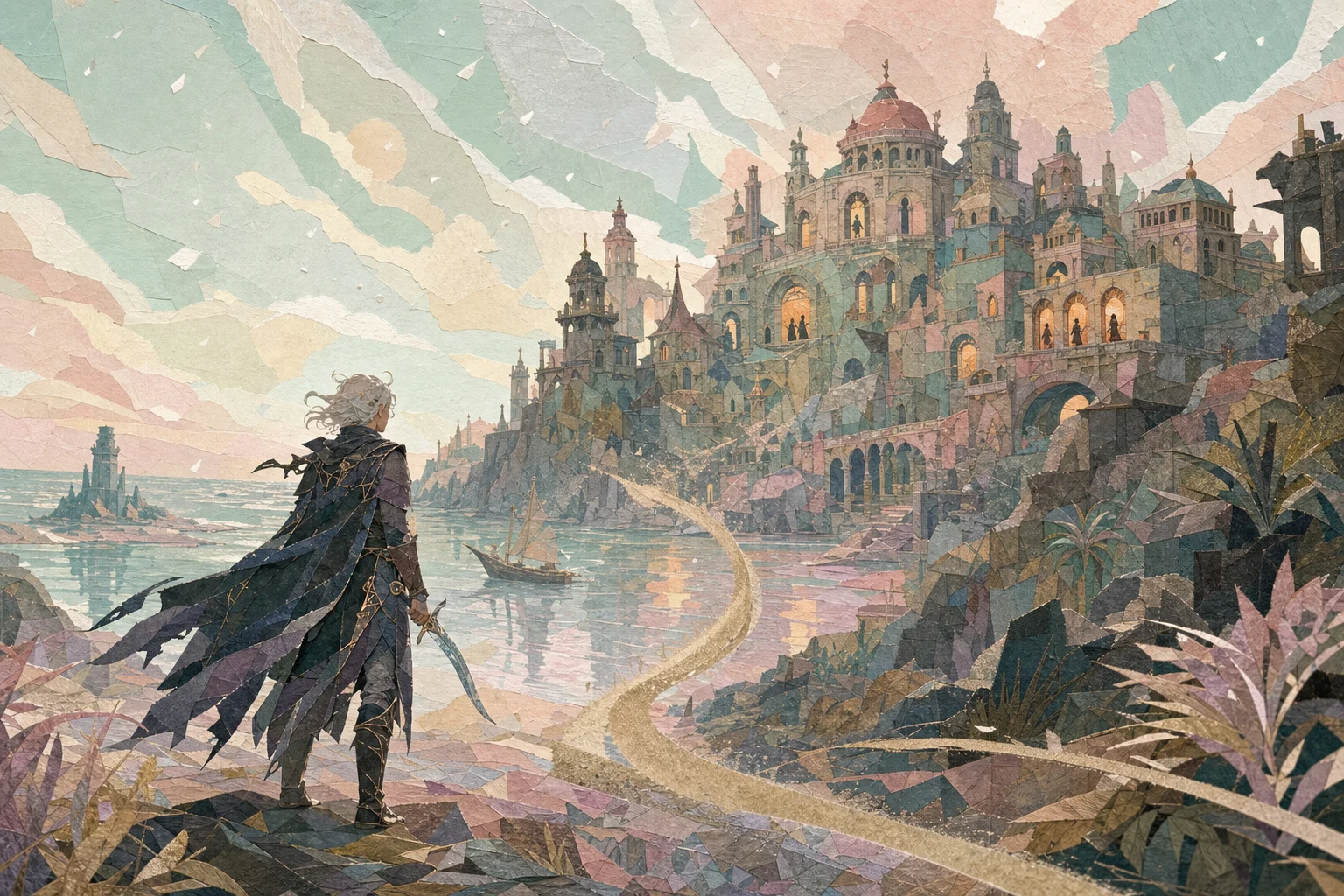 Baldur’s Gate 3 fanart in handmade cotton paper collage, finished as a refined Korean fantasy game illustration