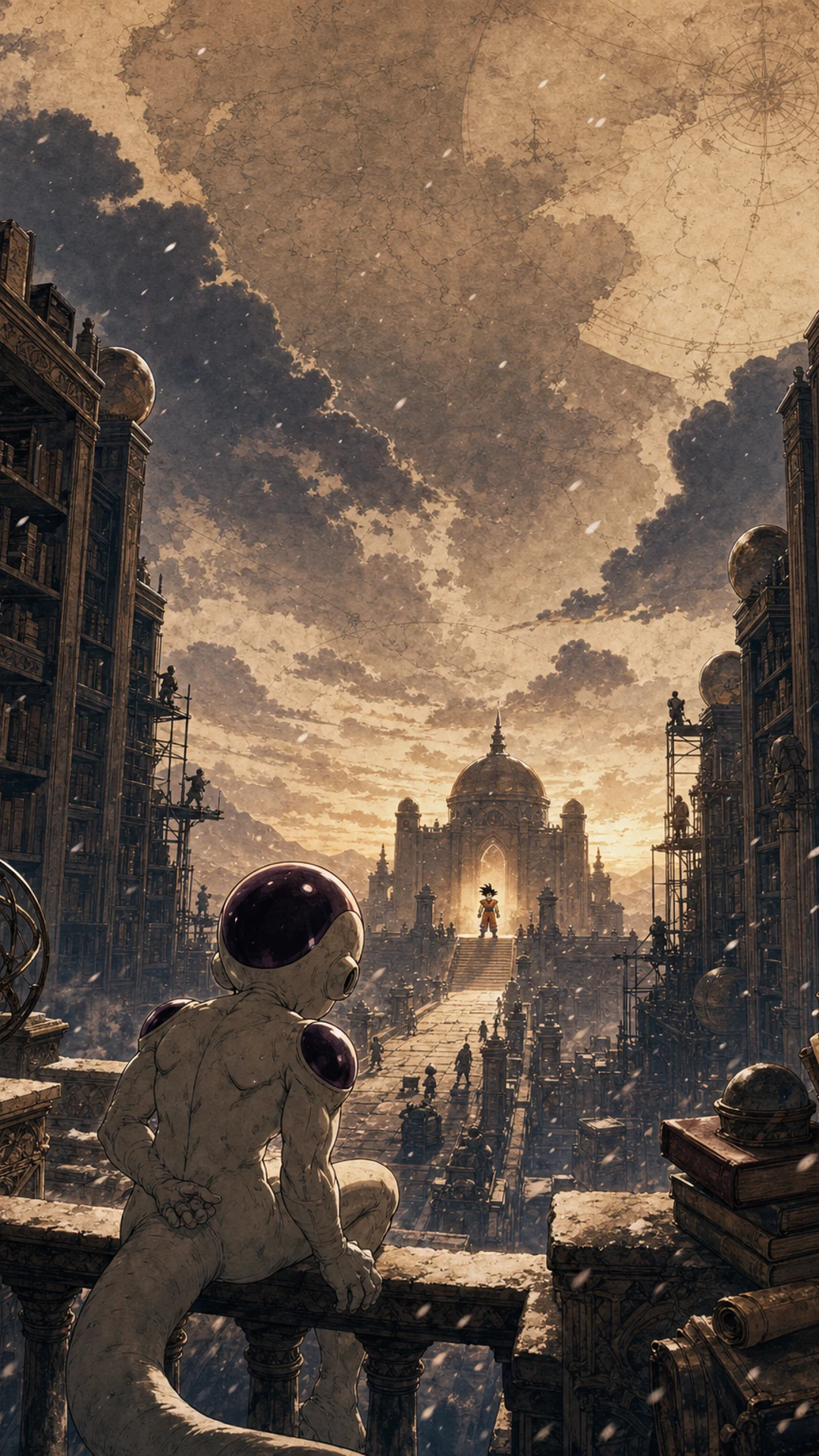 DRAGON BALL: Sparking! ZERO mobile wallpaper in antique parchment, sepia ink and coffee stains, with intricate miniature-diorama depth and believable materials