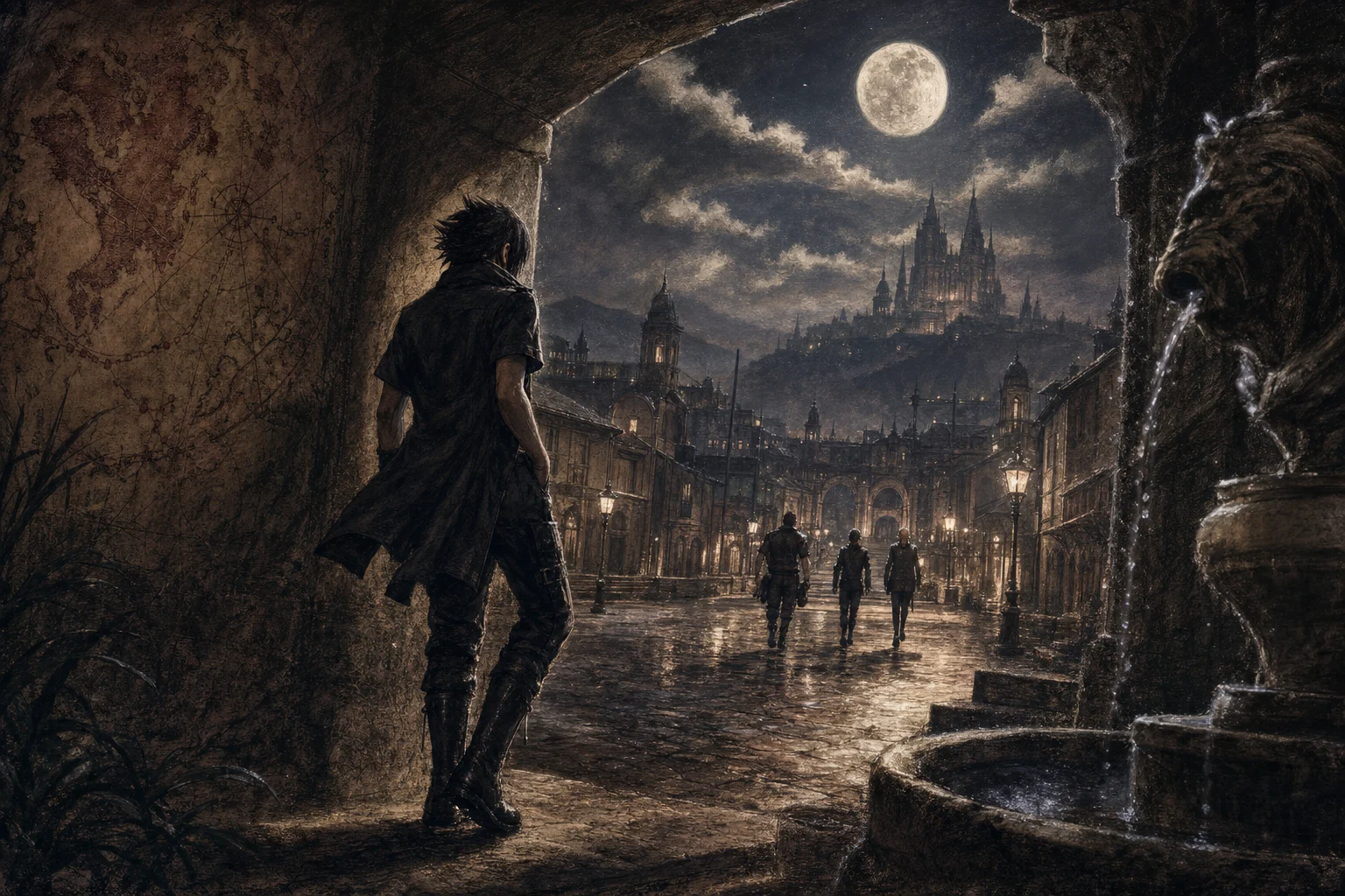 FINAL FANTASY XV WINDOWS EDITION fanart in velvety oil pastel on sanded board, with cinematic depth, rim lighting and a polished focal hierarchy