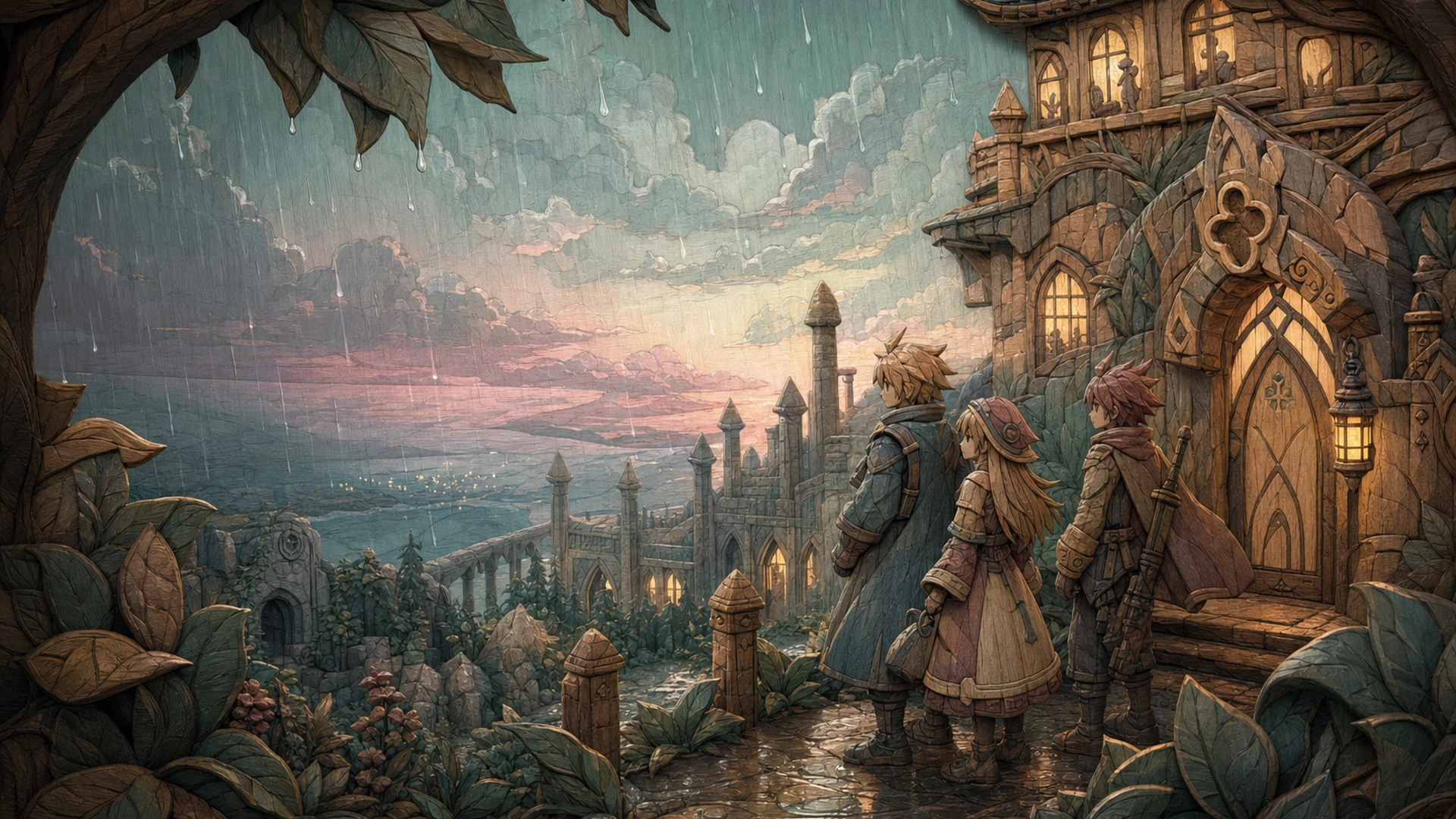 La Pucelle: Ragnarok desktop wallpaper in carved and painted walnut wood relief, with cinematic depth, rim lighting and a polished focal hierarchy