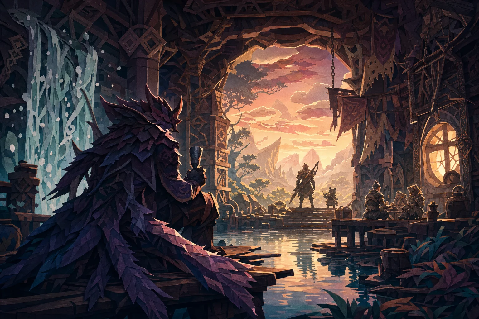 Monster Hunter WORLD fanart in cut-paper kirigami shadow box, finished as a refined Korean fantasy game illustration