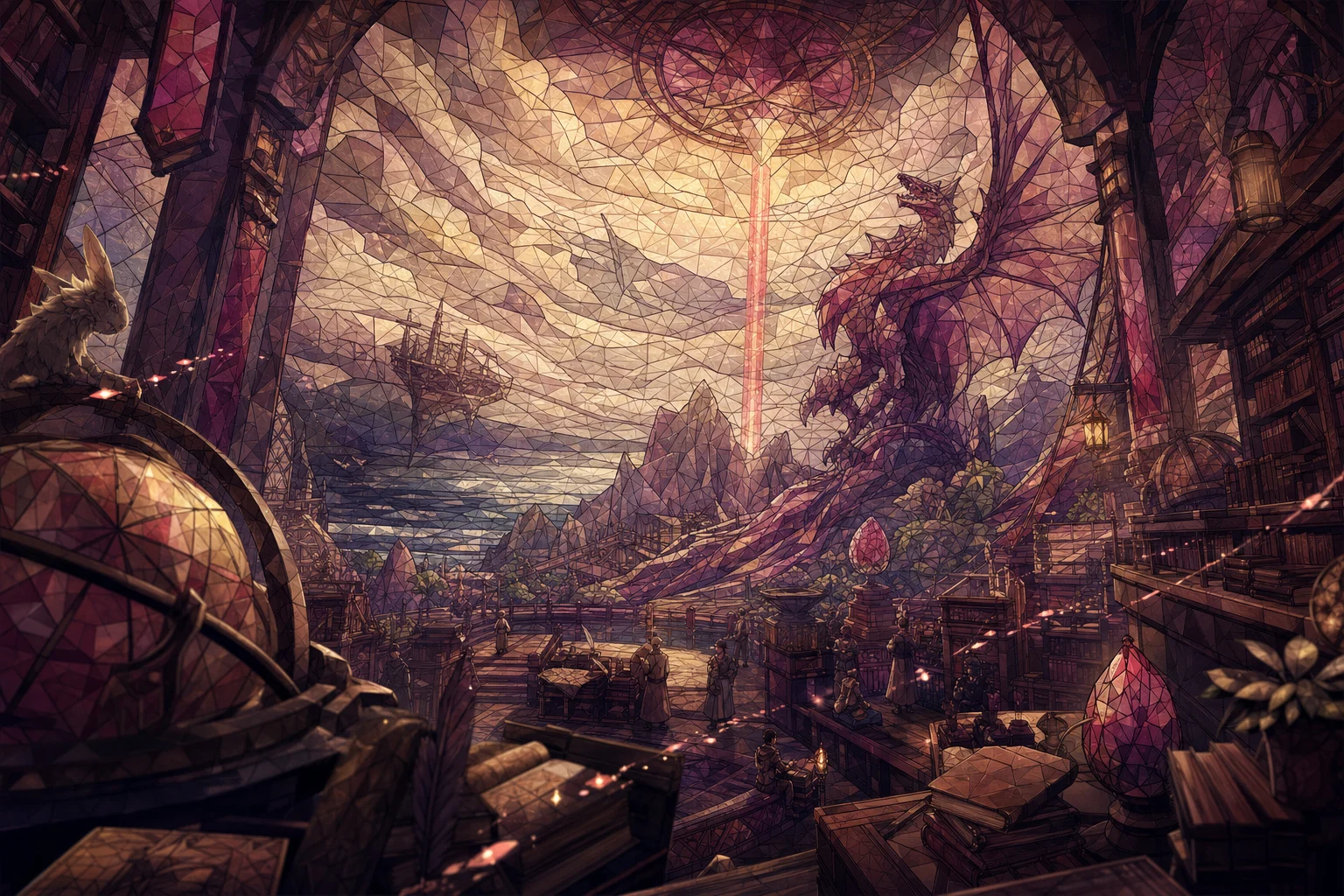 Monster Hunter WORLD fanart in stained-glass mosaic with jewel-toned light, with elegant anime character design and painterly scenery