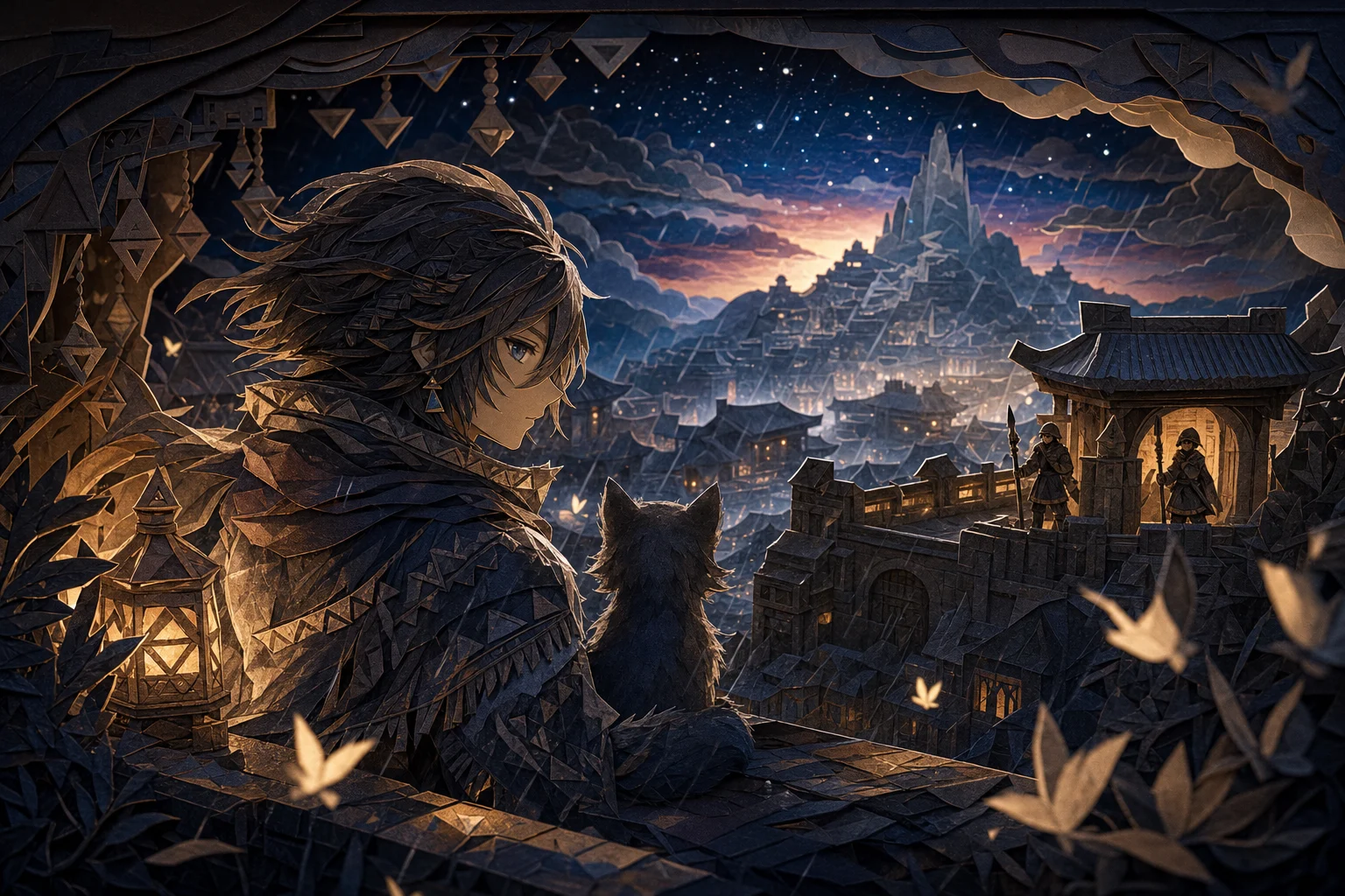 OCTOPATH TRAVELER 0 fanart in cut-paper kirigami shadow box, with intricate miniature-diorama depth and believable materials