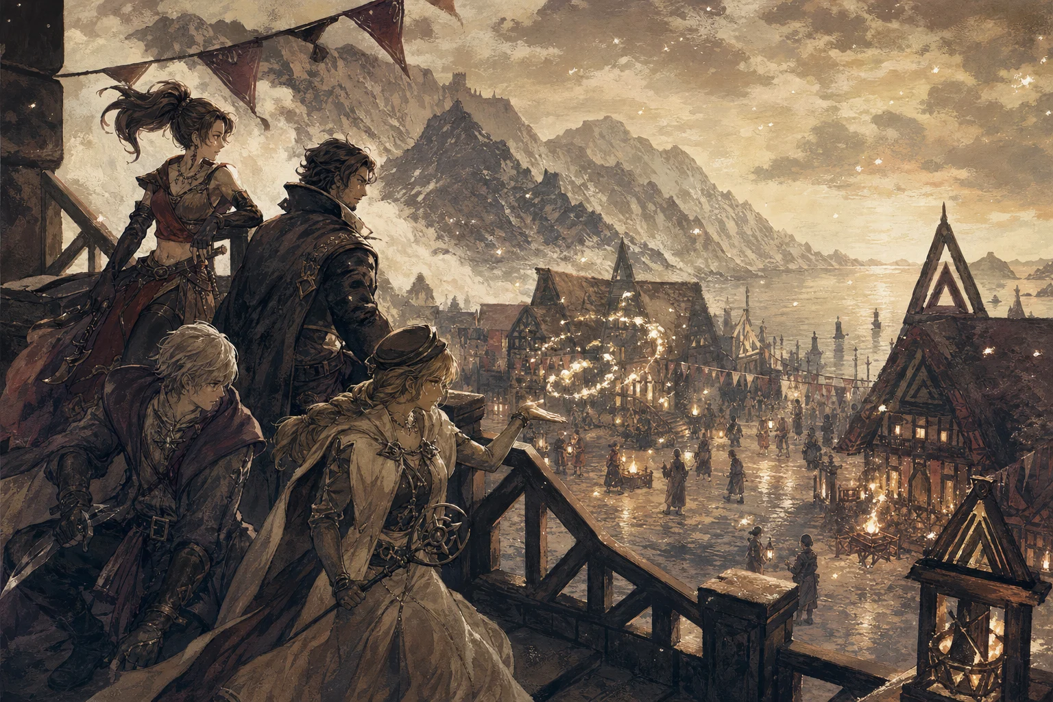 Octopath Traveler II fanart in layered gouache on toned illustration board, with bold graphic shapes and a premium editorial composition