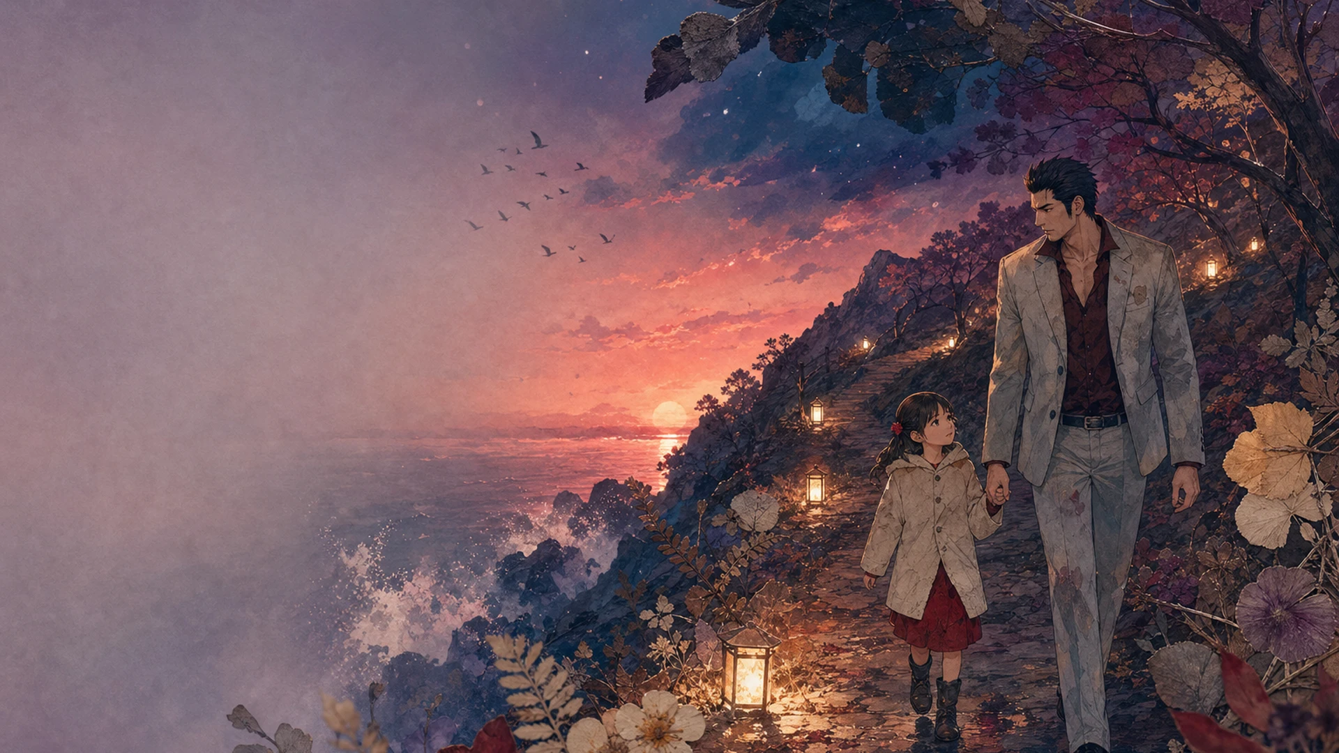 YAKUZA 6 – The song of Life desktop wallpaper in pressed flowers, leaves and translucent vellum, finished as a refined Korean fantasy game illustration