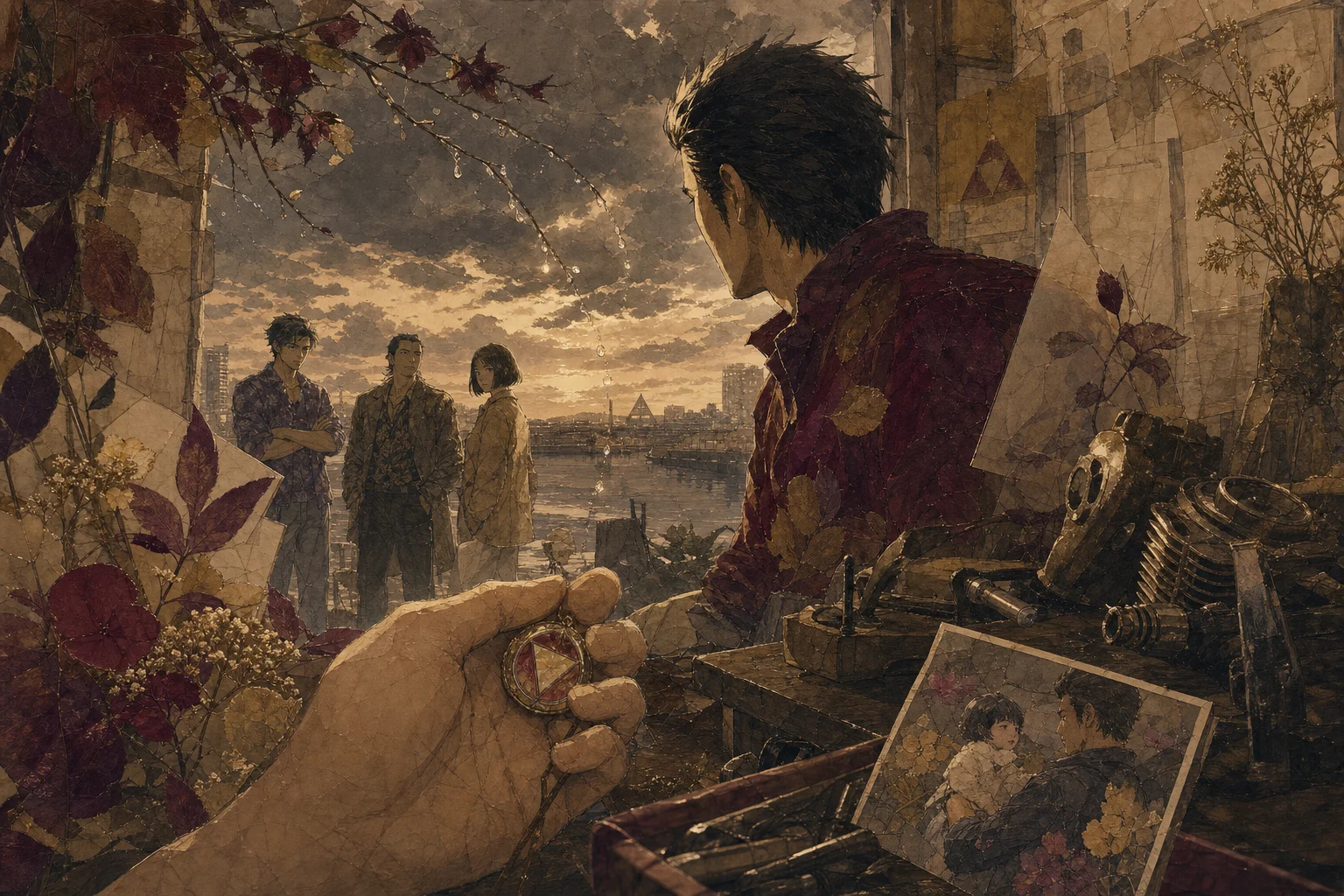 YAKUZA 6 – The song of Life fanart in pressed flowers, leaves and translucent vellum, with elegant anime character design and painterly scenery